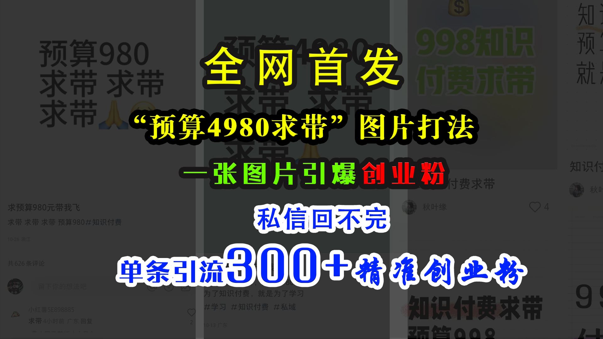小红书“预算4980带我飞”图片打法,一张图片引爆创业粉,私信回不完,单条引流300+精准创业粉,源码仅供个人学习研究,不可商用