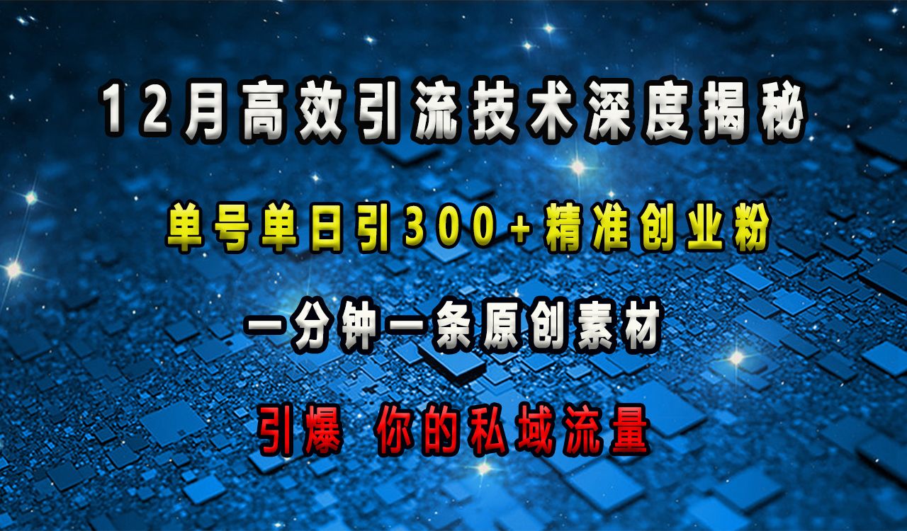12月高效yin.流技术深度揭秘 ，单号单日引300+精准创业，一分钟一条原创素材