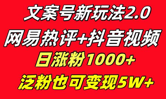 文案号新玩法 网易热评+抖音文案 一天涨粉1000+ 多种变现模式 泛粉也可变现，源码仅供个人学习研究，不可商用